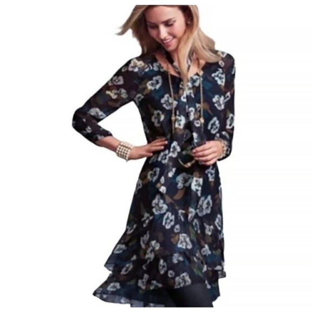 Cabi Pirouette Floating Flowers Chiffon Floral Tiered Drop Waist Dress Sz M